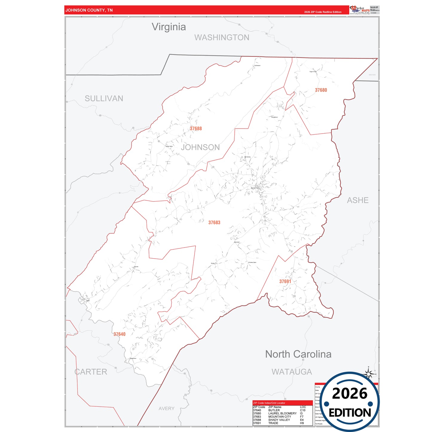 Johnson County, TN Red Line 5 Digit ZIP Code Wall Map