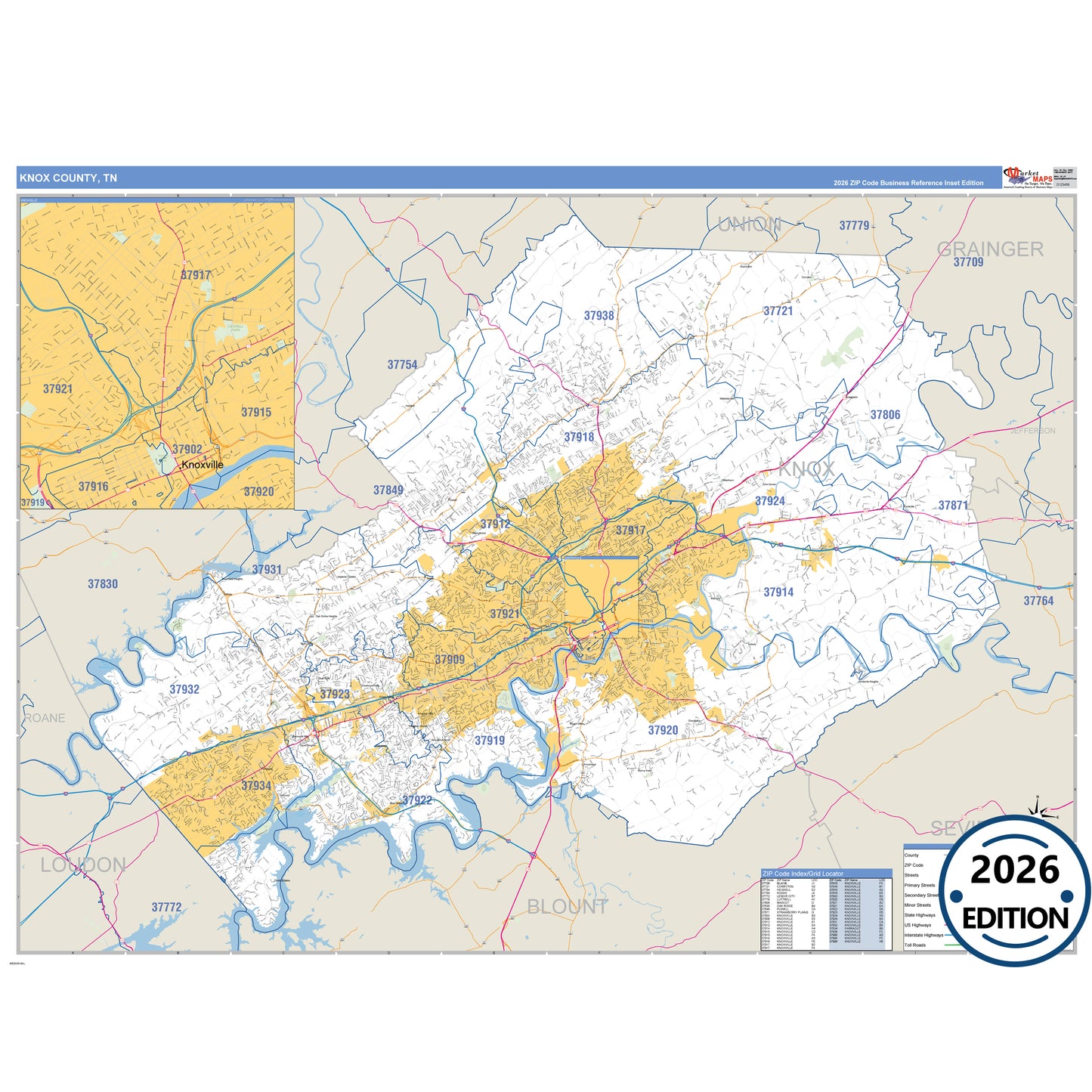 Knox County, TN Business Reference 5 Digit ZIP Code Wall Map