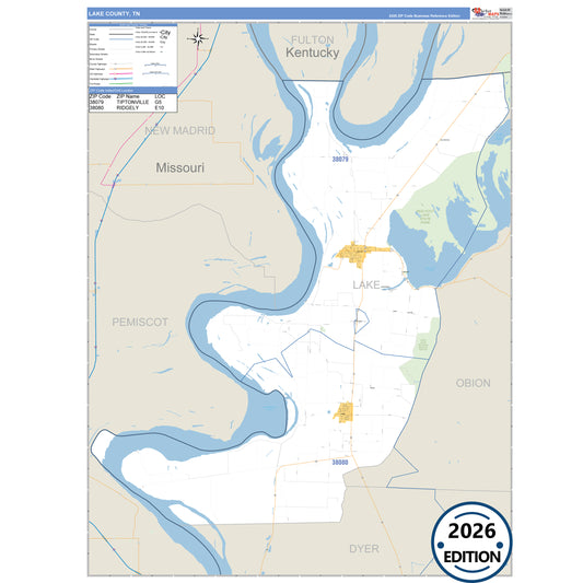 Lake County, TN Business Reference 5 Digit ZIP Code Wall Map