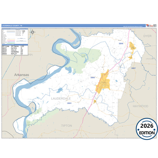 Lauderdale County, TN Business Reference 5 Digit ZIP Code Wall Map