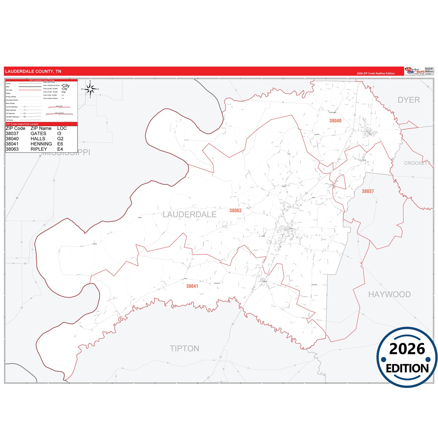 Lauderdale County, TN Red Line 5 Digit ZIP Code Wall Map