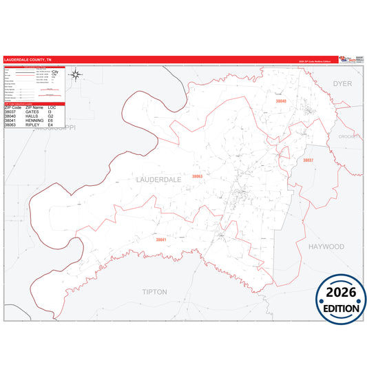 Lauderdale County, TN Red Line 5 Digit ZIP Code Wall Map
