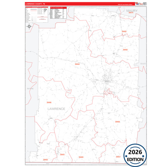 Lawrence County, TN Red Line 5 Digit ZIP Code Wall Map
