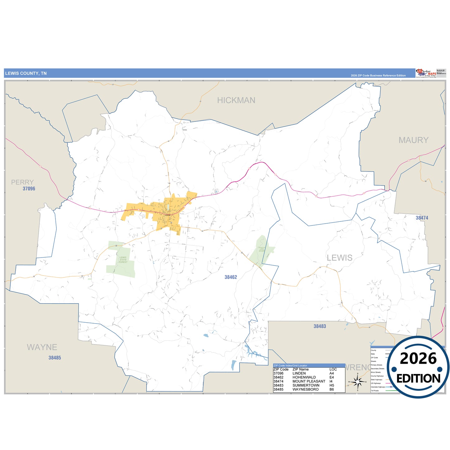 Lewis County, TN Business Reference 5 Digit ZIP Code Wall Map
