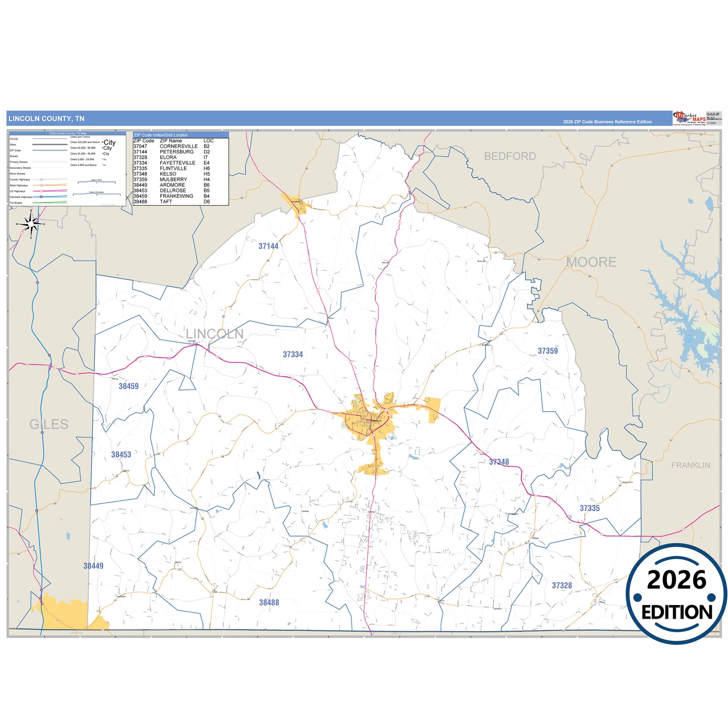 Lincoln County, TN Business Reference 5 Digit ZIP Code Wall Map