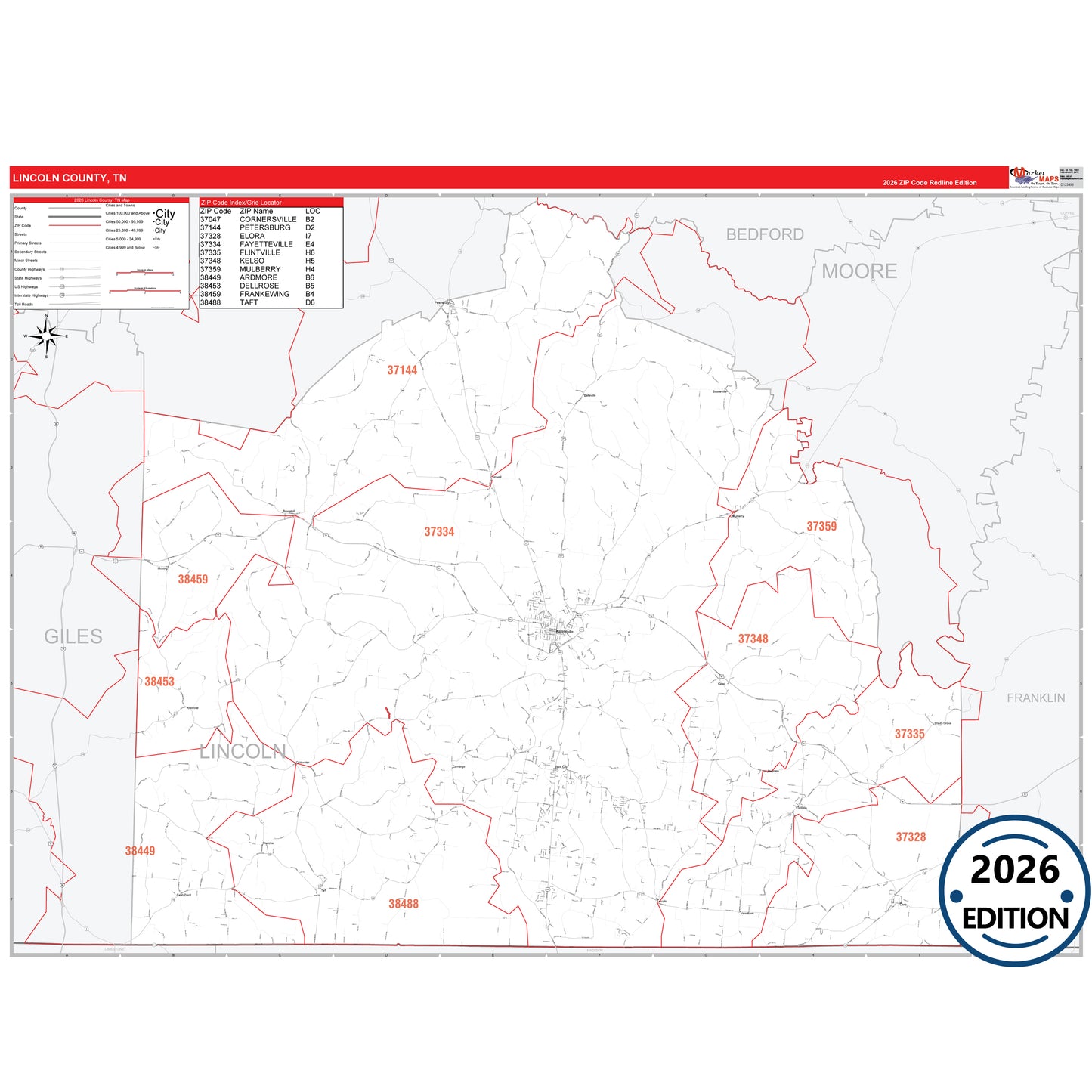 Lincoln County, TN Red Line 5 Digit ZIP Code Wall Map