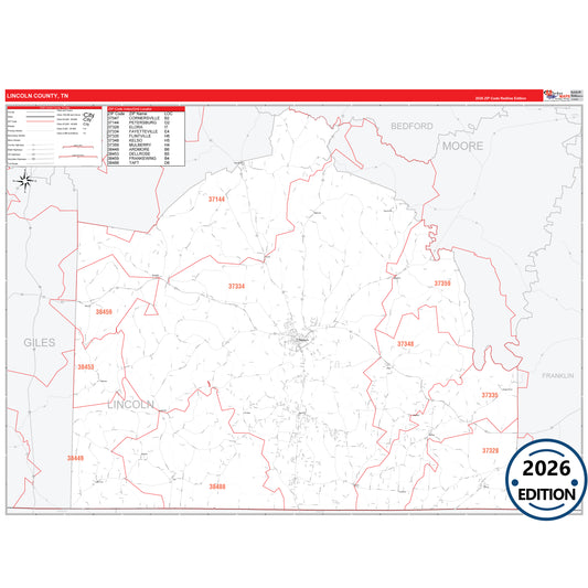 Lincoln County, TN Red Line 5 Digit ZIP Code Wall Map