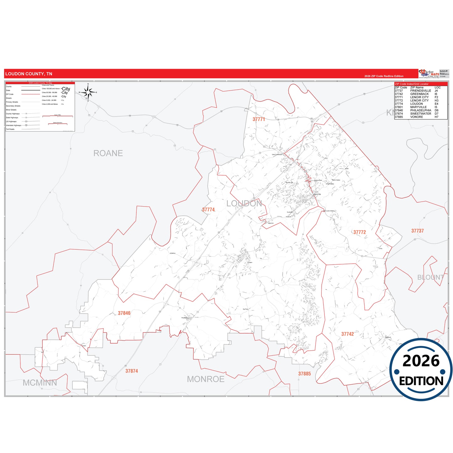 Loudon County, TN Red Line 5 Digit ZIP Code Wall Map