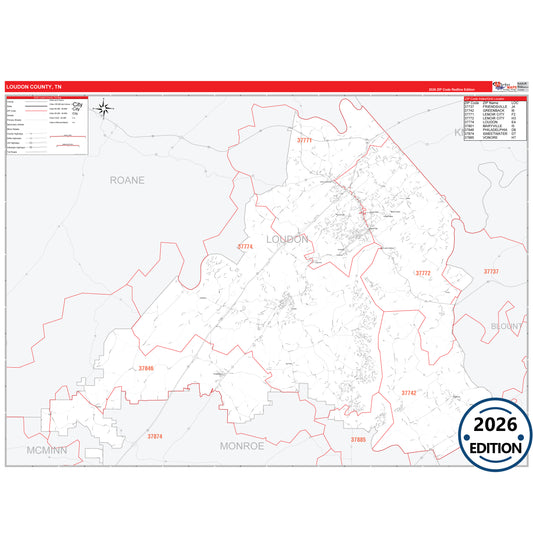 Loudon County, TN Red Line 5 Digit ZIP Code Wall Map