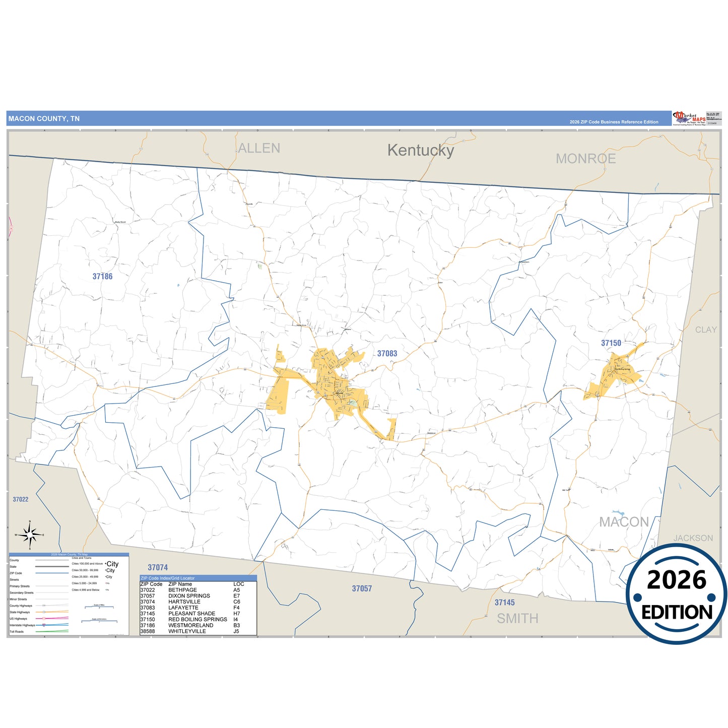 Macon County, TN Business Reference 5 Digit ZIP Code Wall Map