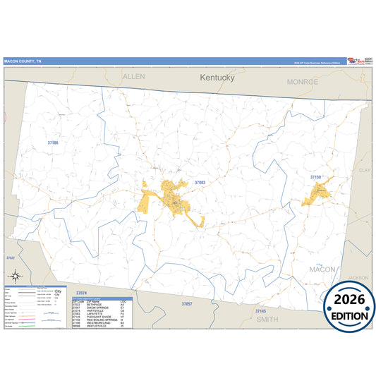 Macon County, TN Business Reference 5 Digit ZIP Code Wall Map