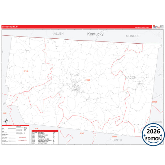 Macon County, TN Red Line 5 Digit ZIP Code Wall Map