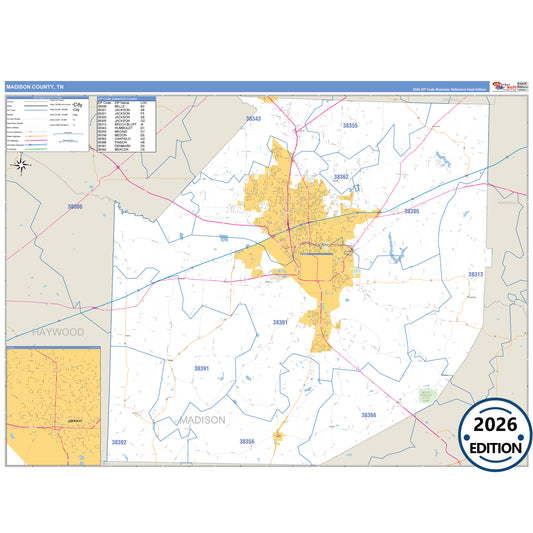 Madison County, TN Business Reference 5 Digit ZIP Code Wall Map