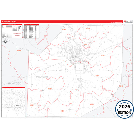 Madison County, TN Red Line 5 Digit ZIP Code Wall Map