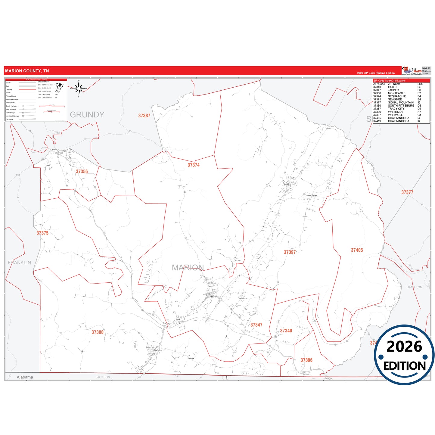 Marion County, TN Red Line 5 Digit ZIP Code Wall Map