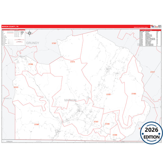 Marion County, TN Red Line 5 Digit ZIP Code Wall Map