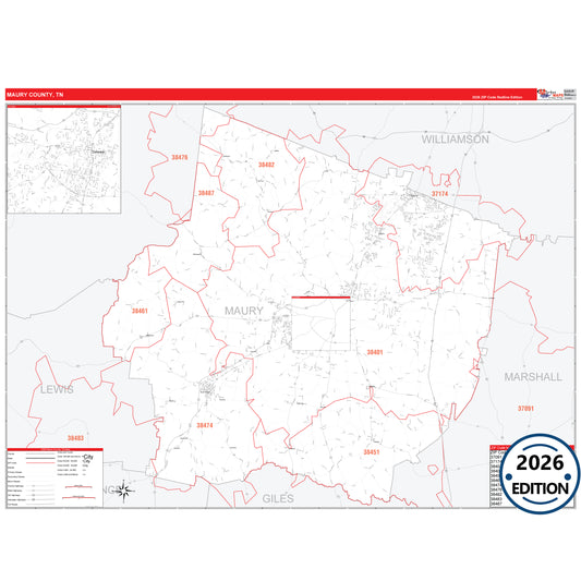 Maury County, TN Red Line 5 Digit ZIP Code Wall Map