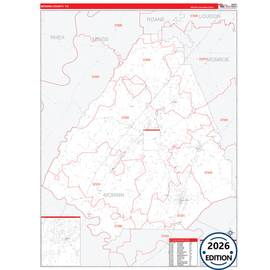 McMinn County, TN Red Line 5 Digit ZIP Code Wall Map