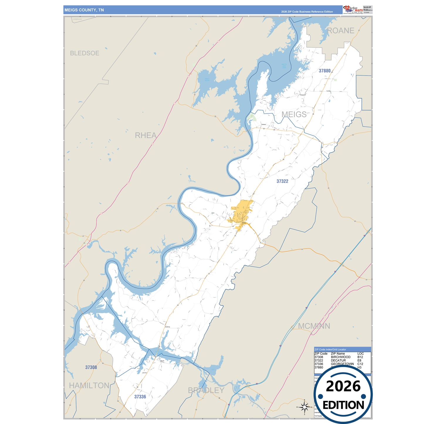 Meigs County, TN Business Reference 5 Digit ZIP Code Wall Map