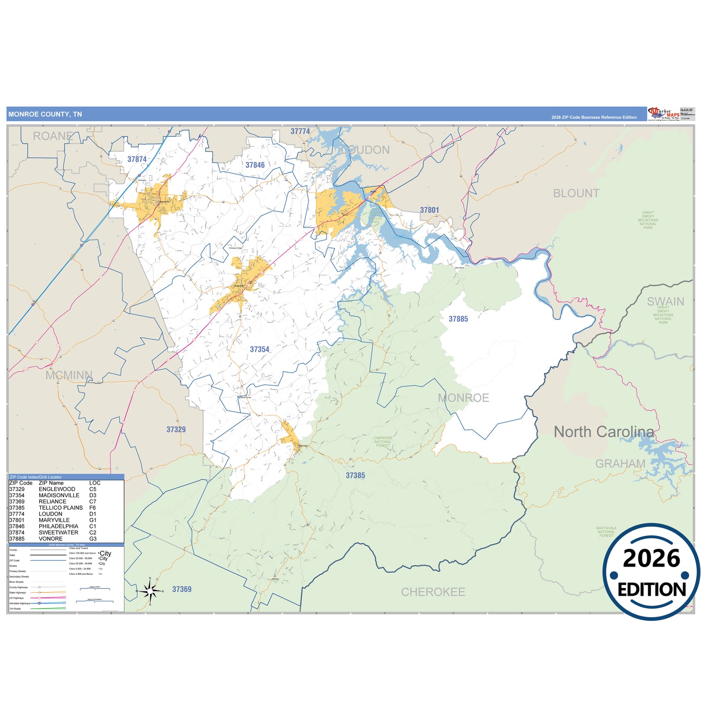 Monroe County, TN Business Reference 5 Digit ZIP Code Wall Map