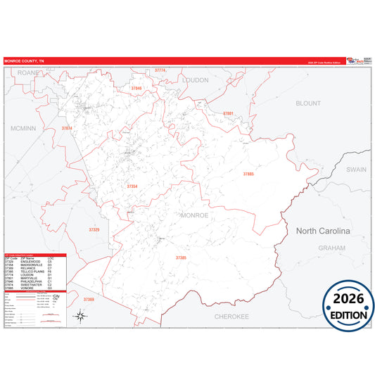 Monroe County, TN Red Line 5 Digit ZIP Code Wall Map