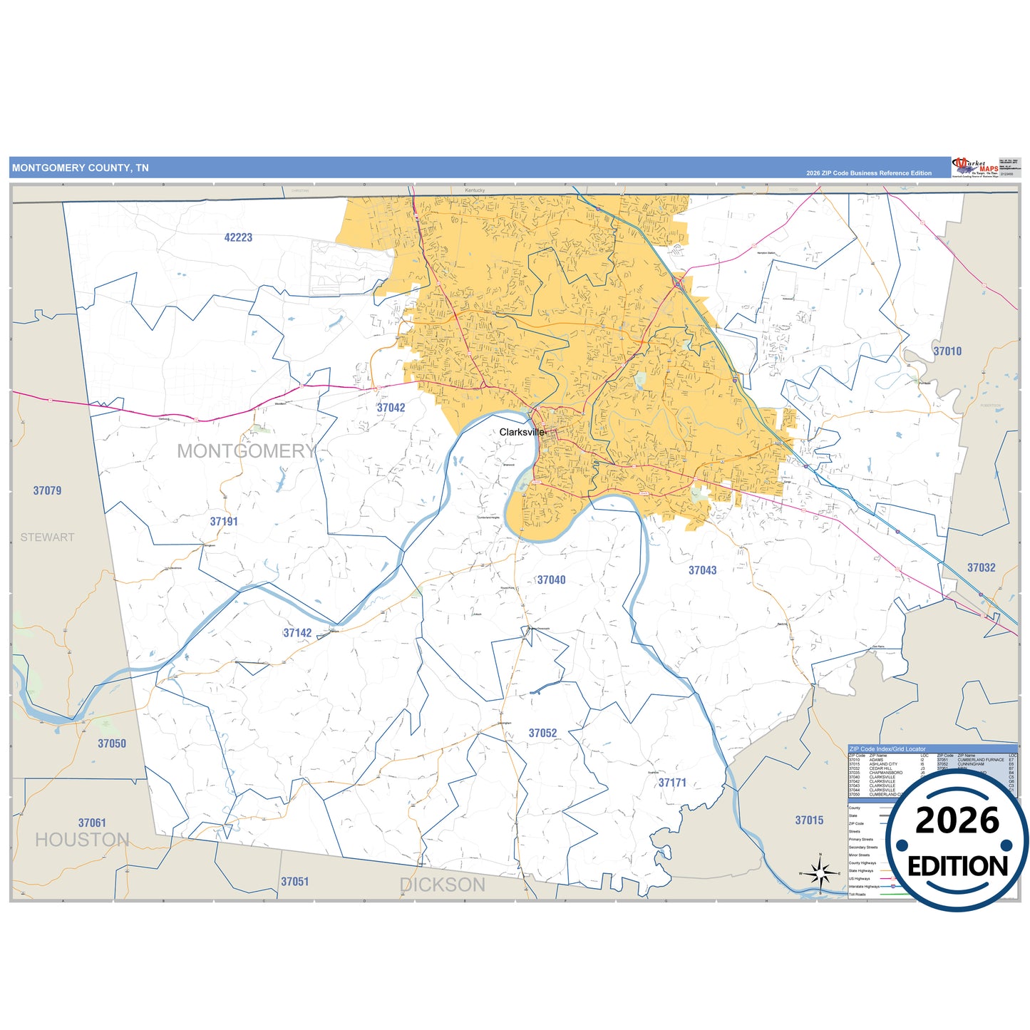 Montgomery County, TN Business Reference 5 Digit ZIP Code Wall Map