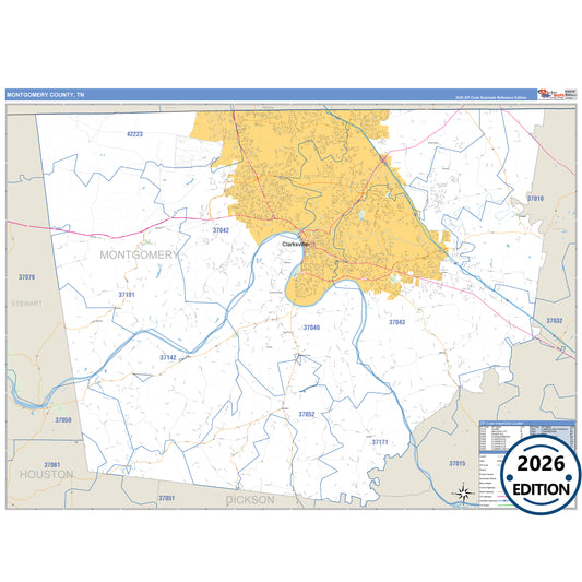 Montgomery County, TN Business Reference 5 Digit ZIP Code Wall Map