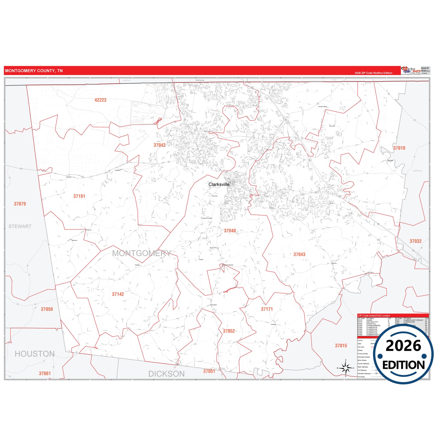 Montgomery County, TN Red Line 5 Digit ZIP Code Wall Map