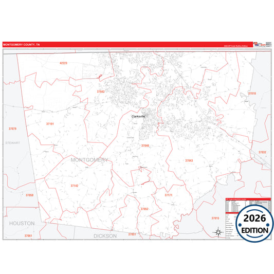 Montgomery County, TN Red Line 5 Digit ZIP Code Wall Map