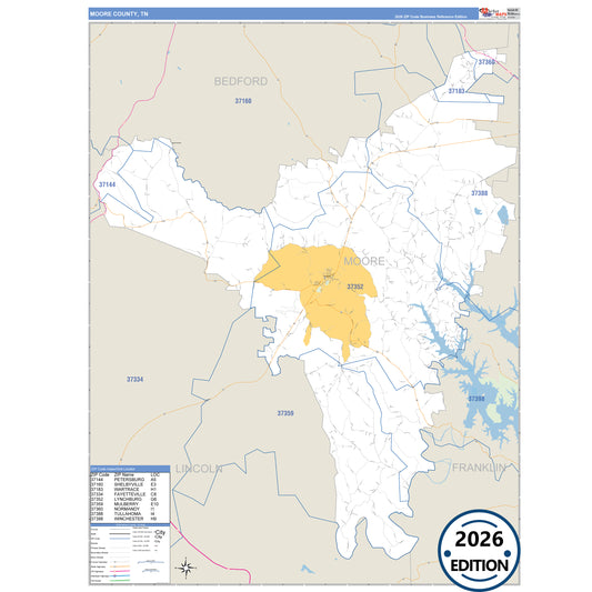 Moore County, TN Business Reference 5 Digit ZIP Code Wall Map