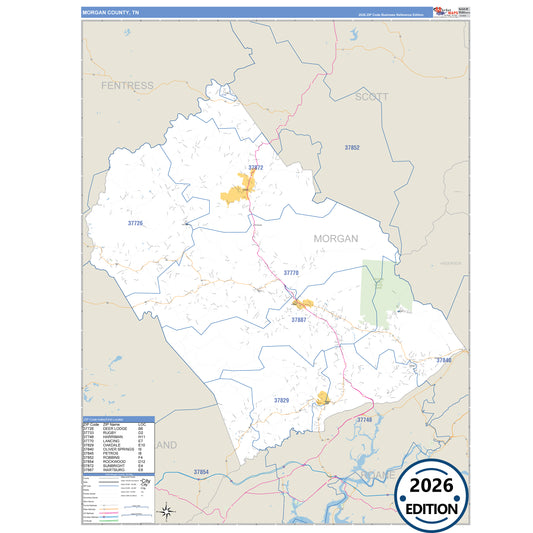 Morgan County, TN Business Reference 5 Digit ZIP Code Wall Map