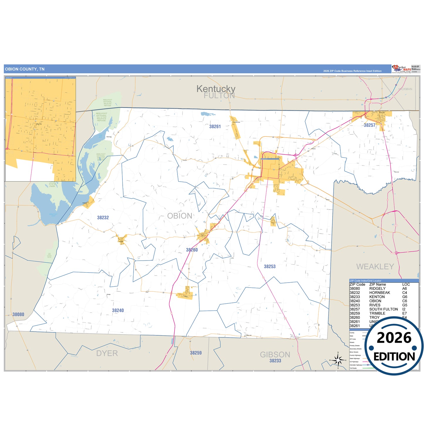 Obion County, TN Business Reference 5 Digit ZIP Code Wall Map