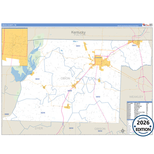 Obion County, TN Business Reference 5 Digit ZIP Code Wall Map