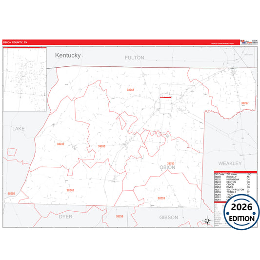 Obion County, TN Red Line 5 Digit ZIP Code Wall Map