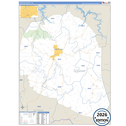 Overton County, TN Business Reference 5 Digit ZIP Code Wall Map