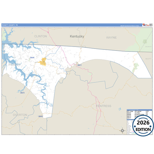 Pickett County, TN Business Reference 5 Digit ZIP Code Wall Map
