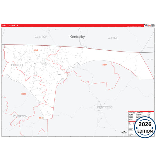 Pickett County, TN Red Line 5 Digit ZIP Code Wall Map