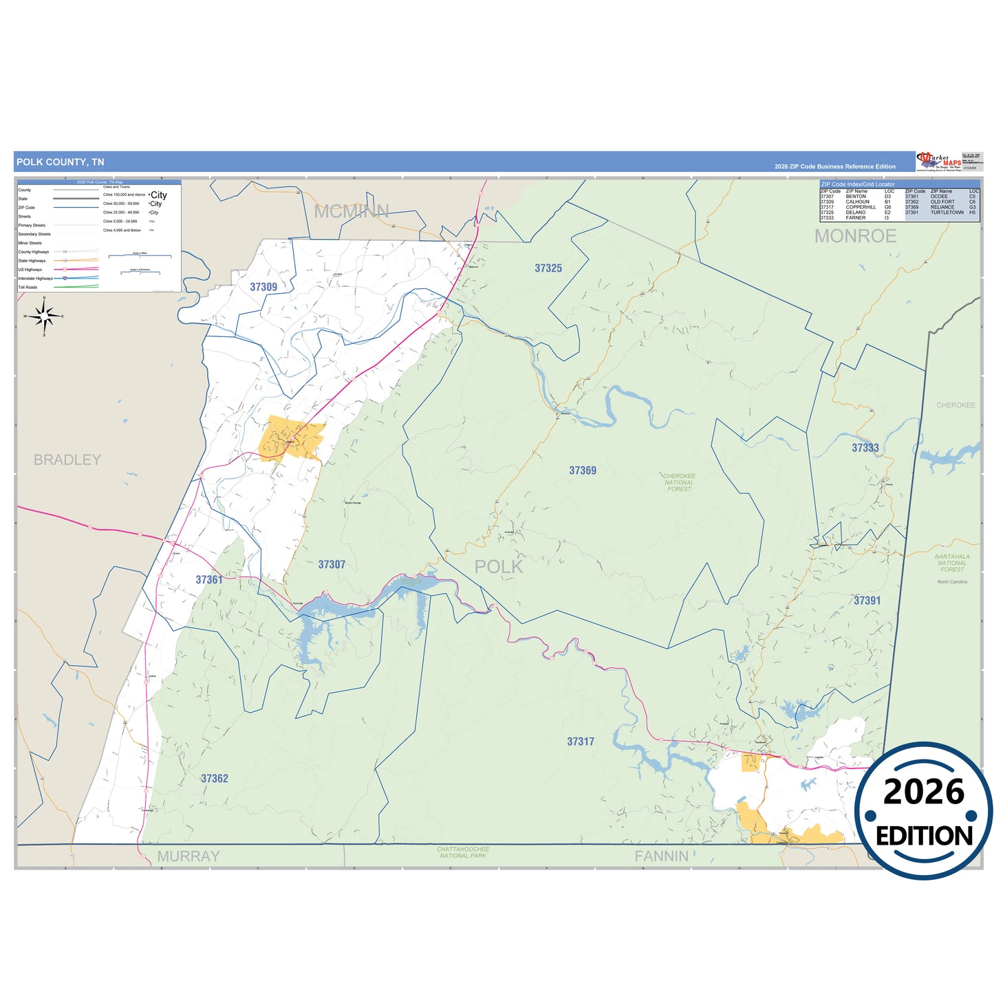 Polk County, TN Business Reference 5 Digit ZIP Code Wall Map
