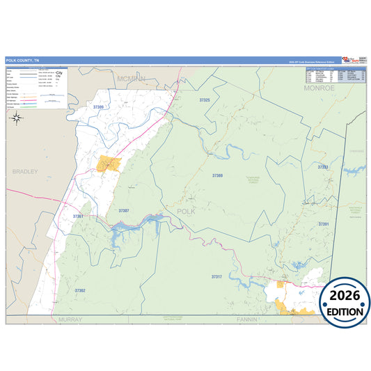 Polk County, TN Business Reference 5 Digit ZIP Code Wall Map
