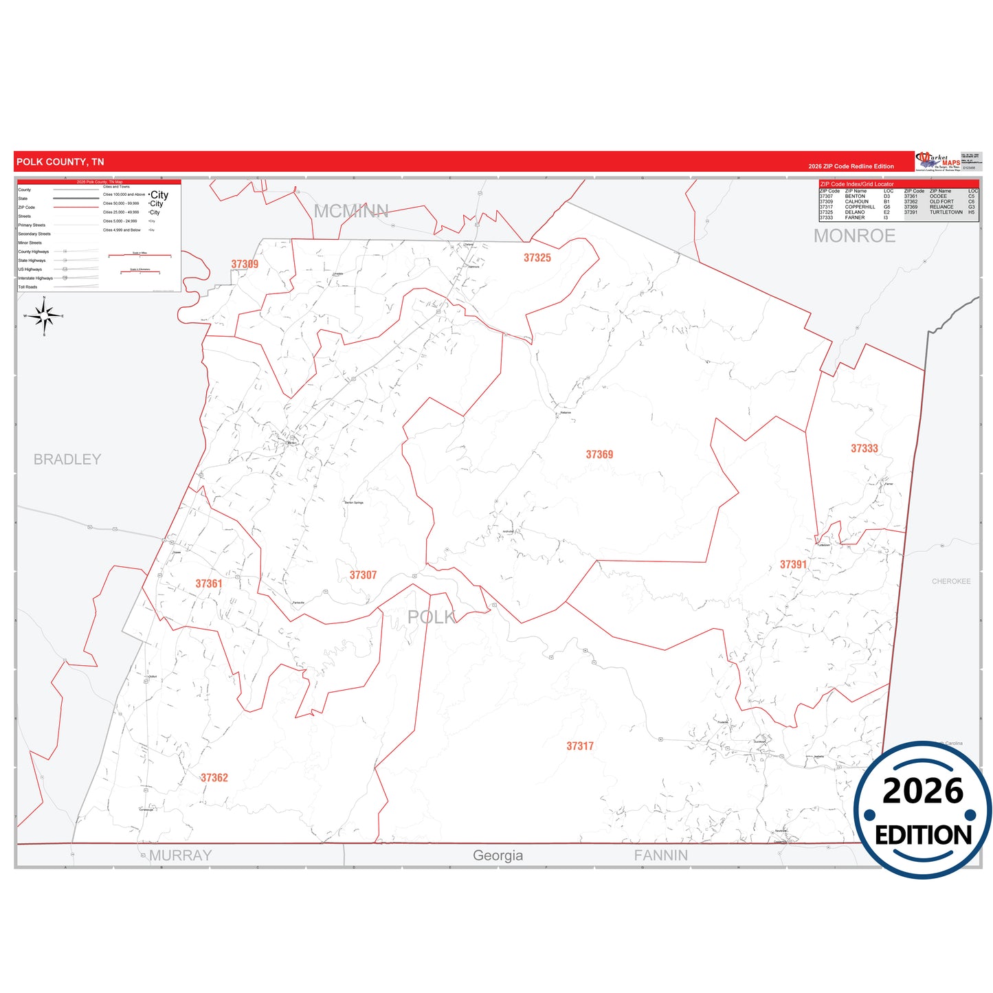 Polk County, TN Red Line 5 Digit ZIP Code Wall Map