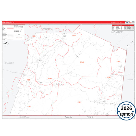 Polk County, TN Red Line 5 Digit ZIP Code Wall Map