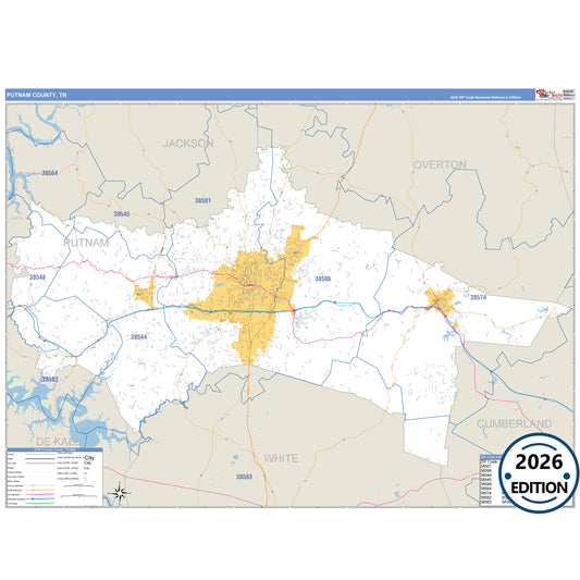 Putnam County, TN Business Reference 5 Digit ZIP Code Wall Map