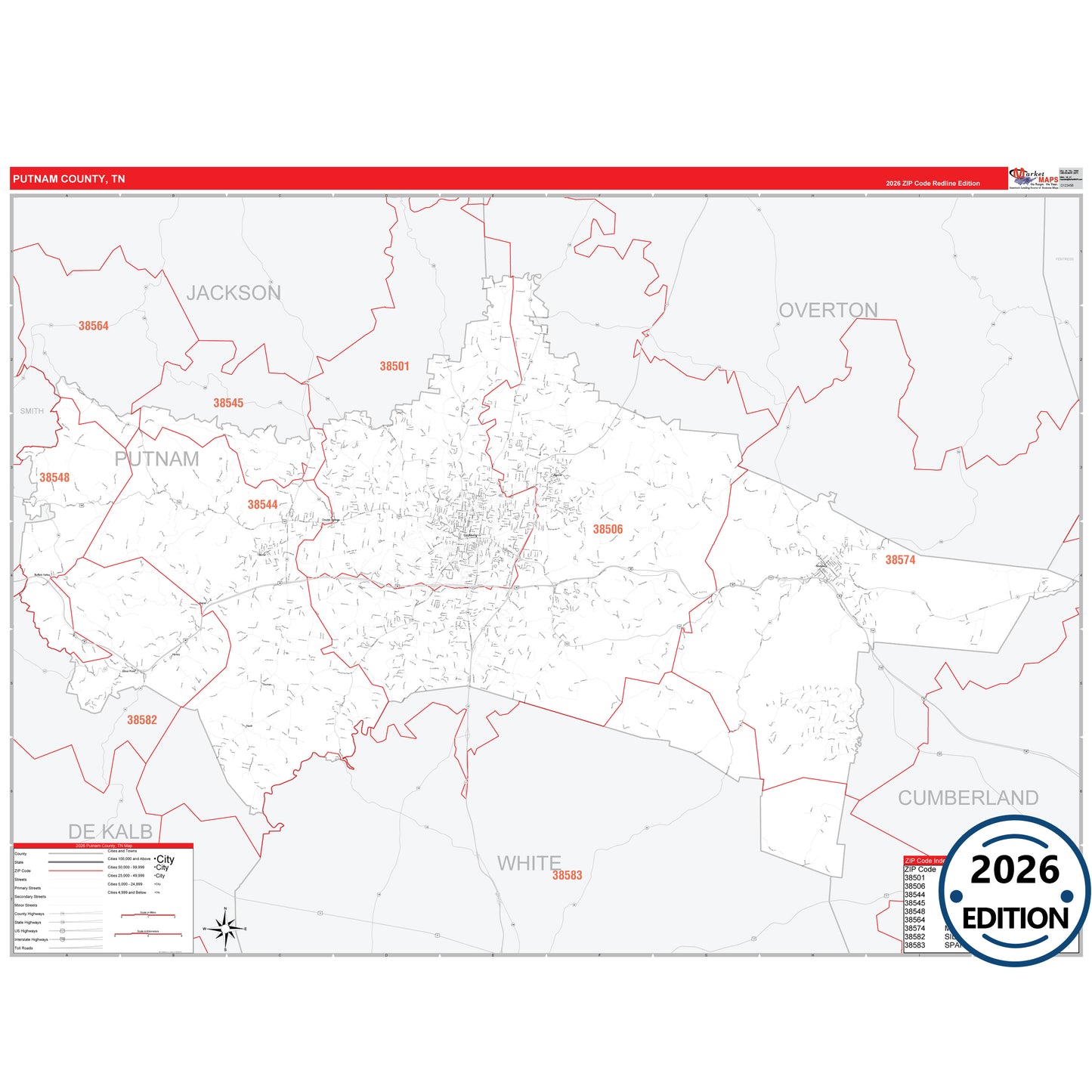 Putnam County, TN Red Line 5 Digit ZIP Code Wall Map