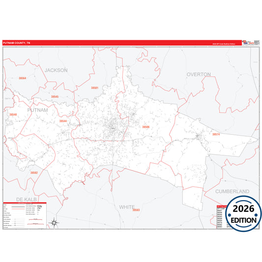 Putnam County, TN Red Line 5 Digit ZIP Code Wall Map