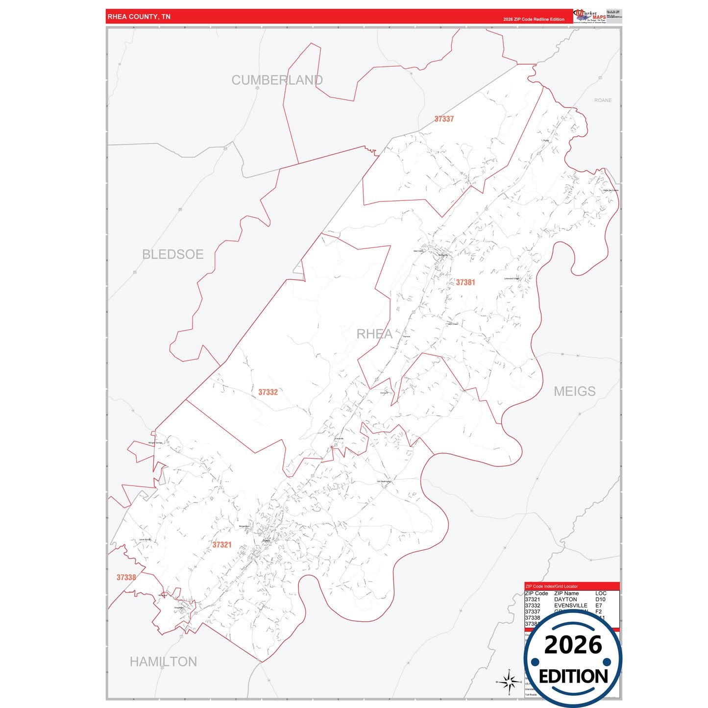 Rhea County, TN Red Line 5 Digit ZIP Code Wall Map