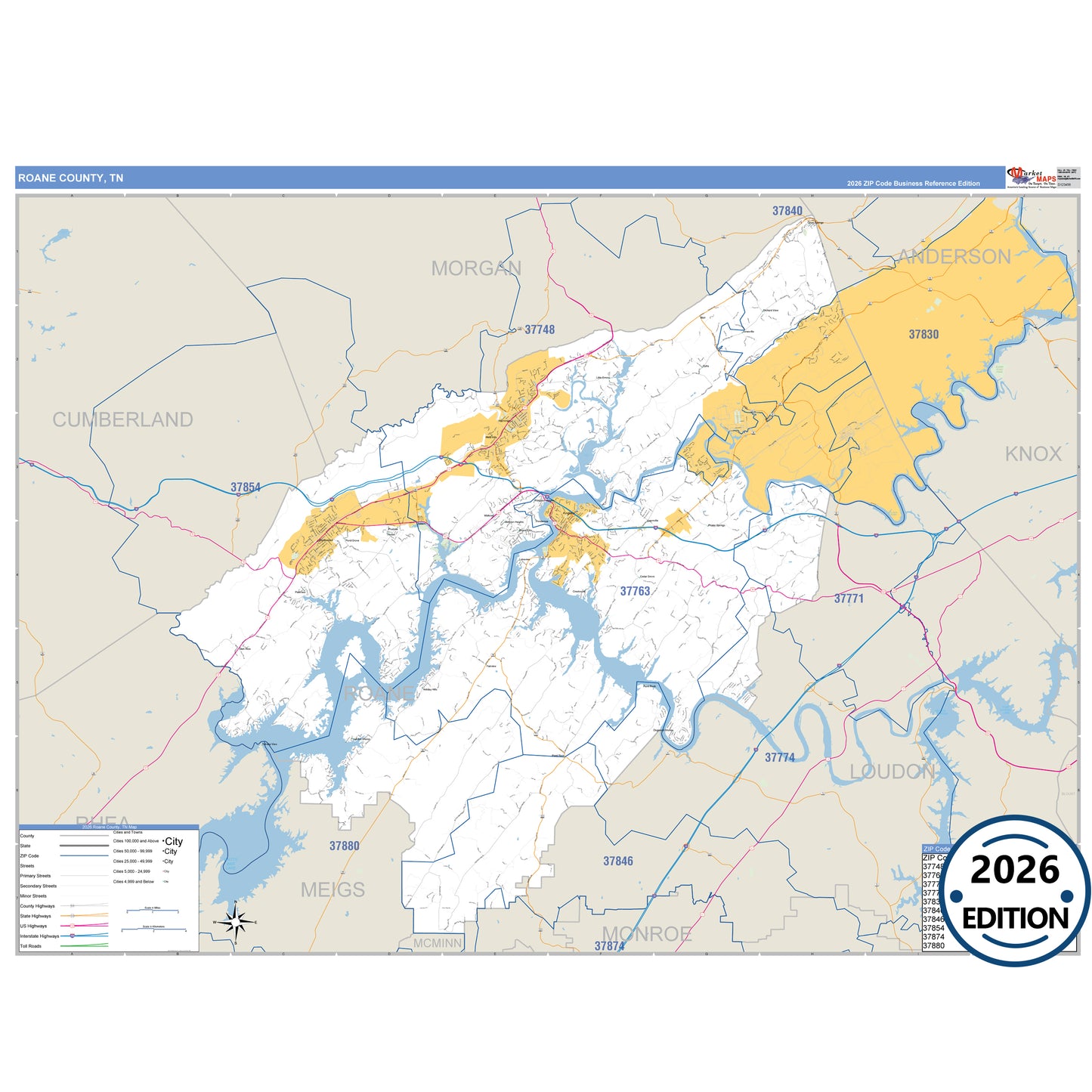 Roane County, TN Business Reference 5 Digit ZIP Code Wall Map