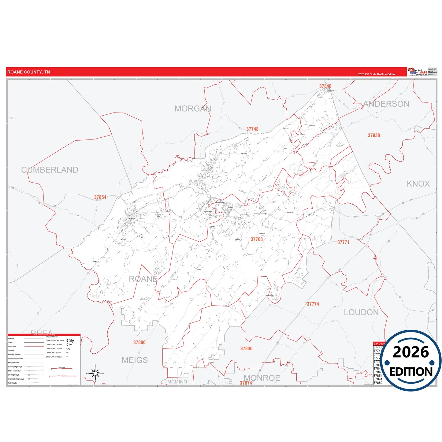 Roane County, TN Red Line 5 Digit ZIP Code Wall Map