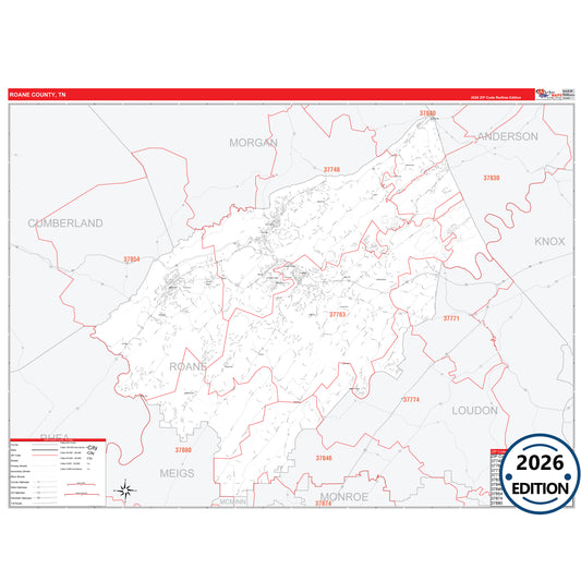 Roane County, TN Red Line 5 Digit ZIP Code Wall Map