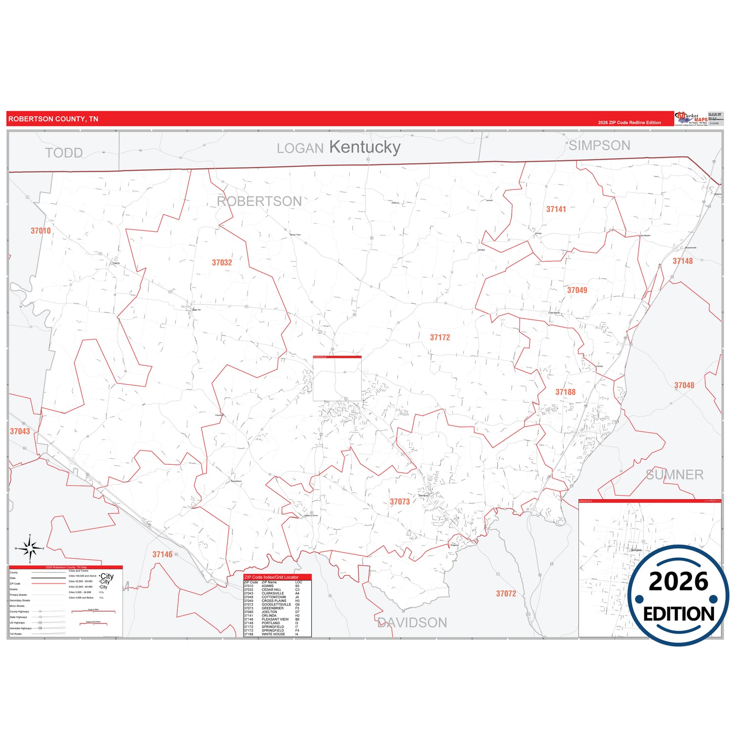 Robertson County, TN Red Line 5 Digit ZIP Code Wall Map