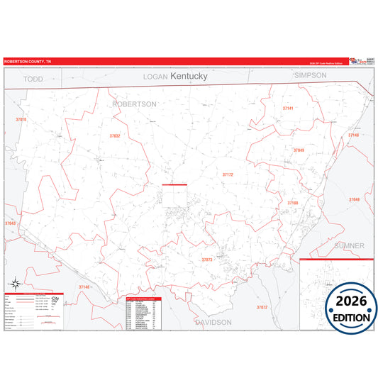 Robertson County, TN Red Line 5 Digit ZIP Code Wall Map